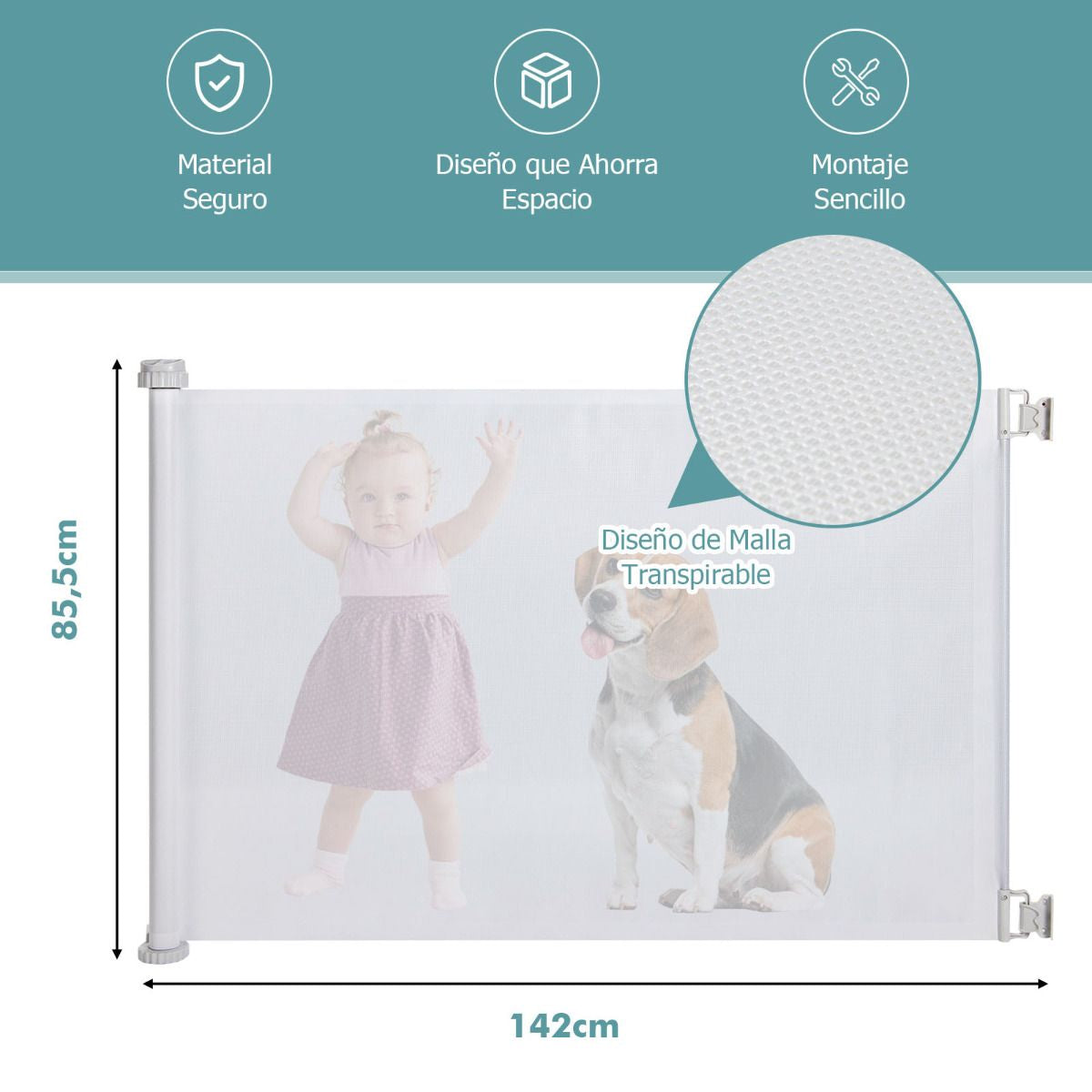 Cerca Para Niños Retráctil 0-140 Cm Valla De Seguridad Para Mascotas Panel Para Puerta Entrada Escalera 142 X 85,5 Cm Blanco